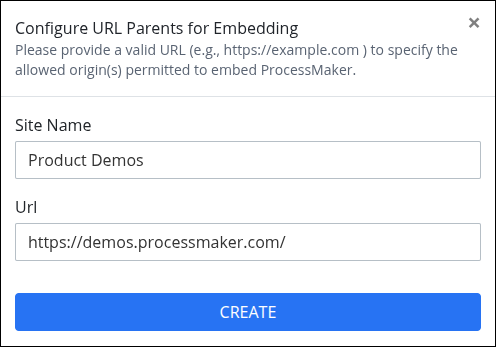 Configuration settings for embedding ProcessMaker with site name and URL fields.